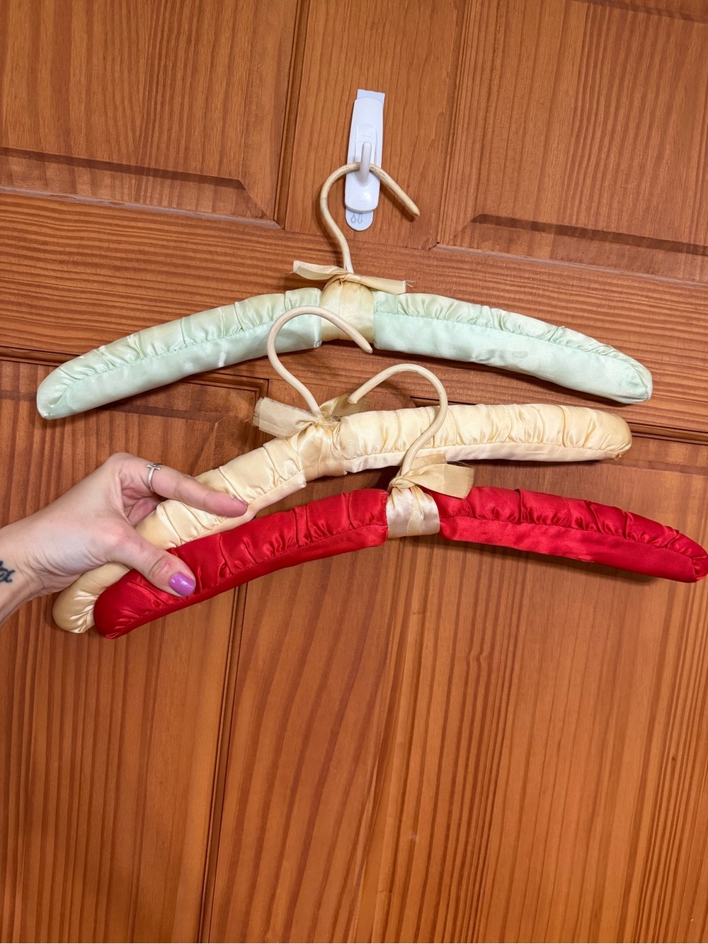 (3) Vintage Padded Satin Clothing Hangers - Red, Cream, Mint